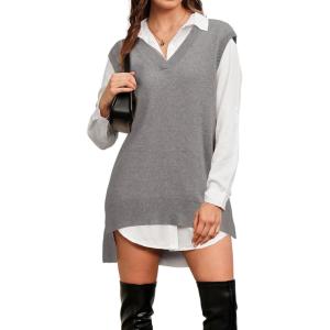 imageArachampampCloz Womens Wool Blend Side Slit High Low Versatile V Neck Fall Tunic Sweater Vests 2025Grey