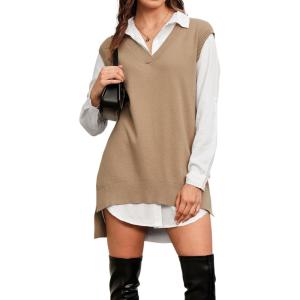 imageArachampampCloz Womens Wool Blend Side Slit High Low Versatile V Neck Fall Tunic Sweater Vests 2025Khaki