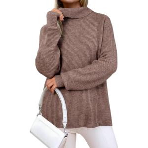 imageArachampampCloz Womens Wool Blend Turtleneck Fall Winter Casual Ribbed Oversized Sweater Tops 2025Khaki