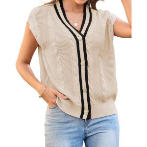 imageArachampampCloz Summer Sweater Vest Women Spring Cap Sleeve V Neck Striped Button Casual Cardigan Sweater Knit Tank Tops 2025Apricotblack