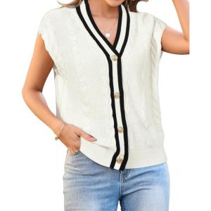 imageArachampampCloz Summer Sweater Vest Women Spring Cap Sleeve V Neck Striped Button Casual Cardigan Sweater Knit Tank Tops 2025Whiteblack