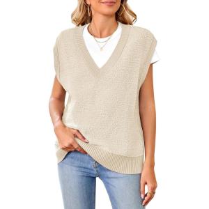 imageArachampampCloz Sweaters Vest Women Fall Fleece Sleeveless V Neck Loose Ribbed Knit Pullover Sweater Vest Tops for WomenBeige