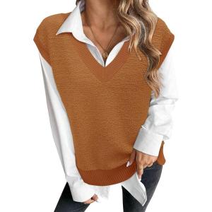 imageArachampampCloz Sweaters Vest Women Fall Fleece Sleeveless V Neck Loose Ribbed Knit Pullover Sweater Vest Tops for WomenCamel