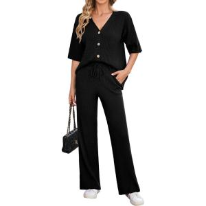 imageArachampampCloz Womens 2 Piece Sets Spring Summer Outfits 2024 Short Sleeve Cardigan Sweaters Wide Leg Pants Lounge TracksuitsBlack