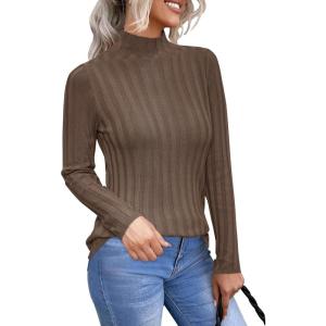 imageArachampampCloz Womens Fall Ribbed Wool Blend Sweater Mock Neck Casual Outfits Long Sleeve Fitted Tops Trendy 2024Brown