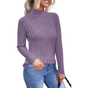 imageArachampampCloz Womens Fall Ribbed Wool Blend Sweater Mock Neck Casual Outfits Long Sleeve Fitted Tops Trendy 2024Grey Purple
