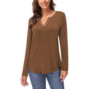 imageArachampampCloz Womens Long Sleeve Lace Fall Tops Solid V Neck Button Henley Shirt Casual Tunic BlouseDark Coffee02