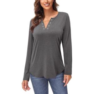 imageArachampampCloz Womens Long Sleeve Lace Fall Tops Solid V Neck Button Henley Shirt Casual Tunic BlouseDark Gray02