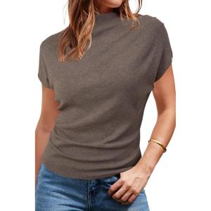 imageArachampampCloz Womens Ruched Summer Tops Mock Neck Cap Sleeve Slim Fit Blouses 2025Coffee