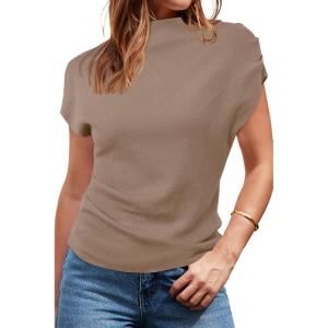 imageArachampampCloz Womens Ruched Summer Tops Mock Neck Cap Sleeve Slim Fit Blouses 2025Dark Beige