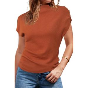 imageArachampampCloz Womens Ruched Summer Tops Mock Neck Cap Sleeve Slim Fit Blouses 2025Maple Leaf Red