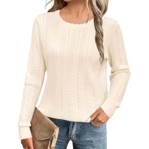 imageArachampampCloz Womens Summer Fall Scalloped Lace Cuff Crewneck Tops Textured ShirtsBivory Apricot