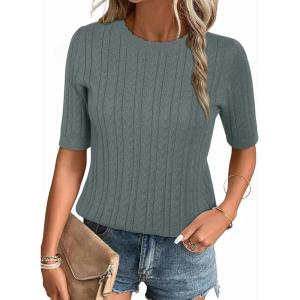 imageArachampampCloz Womens Summer Fall Scalloped Lace Cuff Crewneck Tops Textured ShirtsGrey Green