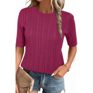 imageArachampampCloz Womens Summer Fall Scalloped Lace Cuff Crewneck Tops Textured ShirtsHot Pink