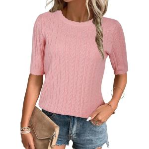 imageArachampampCloz Womens Summer Fall Scalloped Lace Cuff Crewneck Tops Textured ShirtsPink