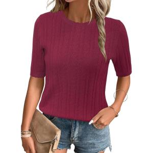 imageArachampampCloz Womens Summer Fall Scalloped Lace Cuff Crewneck Tops Textured ShirtsWine Red