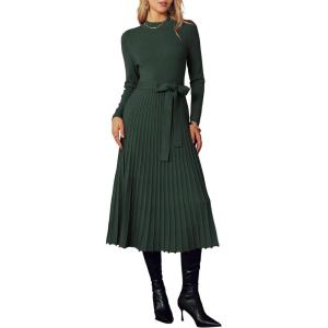 imageArachampampCloz Womens Wool Blend Mock Neck Tie Waist Fall Winter Pleated Sweater Dress 2025Army Green