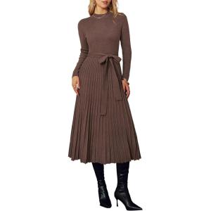 imageArachampampCloz Womens Wool Blend Mock Neck Tie Waist Fall Winter Pleated Sweater Dress 2025Coffee
