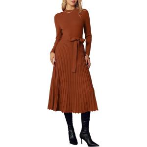 imageArachampampCloz Womens Wool Blend Mock Neck Tie Waist Fall Winter Pleated Sweater Dress 2025Rust