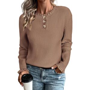 imageArachampampCloz Womens Swaters 2024 Fall Fashion Outfits Long Sleeve Crewneck Knit Tops Ruffle Casual TShirts Cute Tees BlousesCamel