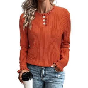 imageArachampampCloz Womens Swaters 2024 Fall Fashion Outfits Long Sleeve Crewneck Knit Tops Ruffle Casual TShirts Cute Tees BlousesRust