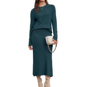 imageArachampampCloz Womens Wool Blend Sweater 2 Piece Sets Fall Business Lounge Long Sleeve Top Midi Dress Outfits 2025Bluish Green