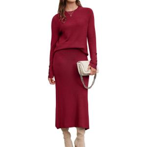 imageArachampampCloz Womens Wool Blend Sweater 2 Piece Sets Fall Business Lounge Long Sleeve Top Midi Dress Outfits 2025Burgundy