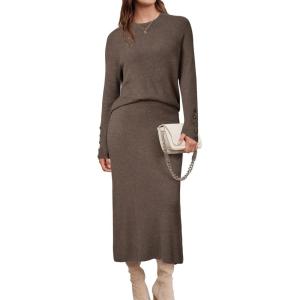 imageArachampampCloz Womens Wool Blend Sweater 2 Piece Sets Fall Business Lounge Long Sleeve Top Midi Dress Outfits 2025Coffee