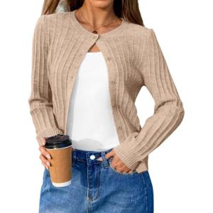 imageArachampampCloz Womens Wool Blend Puff Sleeve Fall Cable Knit Cardigan Sweaters 2025Camel