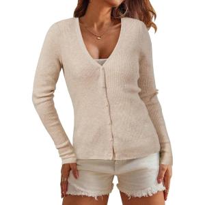 image:imageArachampCloz Womens Wool Blended Ribbed Cardigan Lightweight Long Sleeve Sweater 2025 Spring Fashion Button Down Knit TopApricot