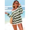 image:imageArachampCloz Womens Linen Blend Crochet Bell Sleeve Beach Vacation Striped Tops 2026Army Green Stripe