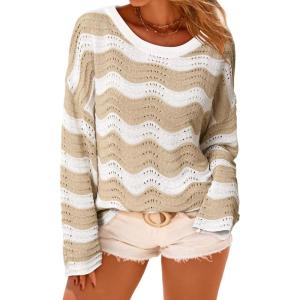 image:imageArachampCloz Womens Linen Blend Crochet Bell Sleeve Beach Vacation Striped Tops 2026Apricot Stripe