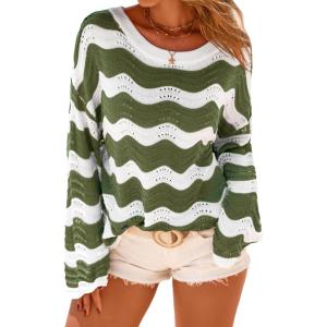 image:imageArachampCloz Womens Linen Blend Crochet Bell Sleeve Beach Vacation Striped Tops 2026Army Green Stripe