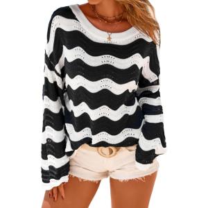 image:imageArachampCloz Womens Linen Blend Crochet Bell Sleeve Beach Vacation Striped Tops 2026Black Stripe