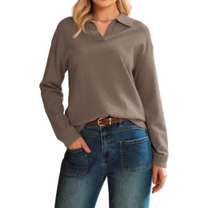 image:imageArachampCloz Womens 100 Cotton Collared V Neck Eyelet Knit Spring Cotton Polo Shirts 2026Coffee