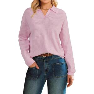 image:imageArachampCloz Womens 100 Cotton Collared V Neck Eyelet Knit Spring Cotton Polo Shirts 2026Light Pink
