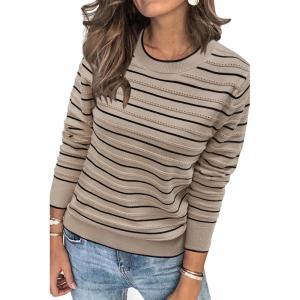 image:imageArachampCloz Womens Soft Knit Sweater Fall Dressy Casual Pullover TopsStriped Taupe Black