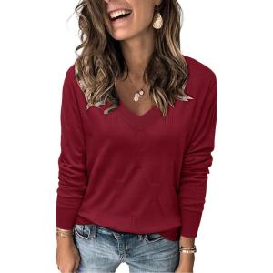 image:imageArachampCloz Womens Soft V Neck Long Sleeve Fall Casual Regular Fit Sweater TopsBurgundy