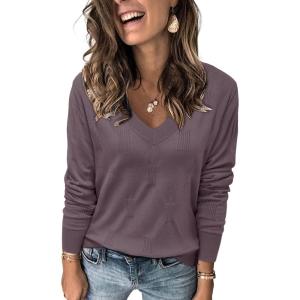 image:imageArachampCloz Womens Soft V Neck Long Sleeve Fall Casual Regular Fit Sweater TopsGrey Purple
