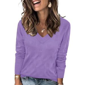 image:imageArachampCloz Womens Soft V Neck Long Sleeve Fall Casual Regular Fit Sweater TopsLilac