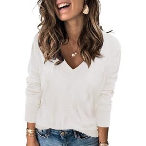 image:imageArachampCloz Womens Soft V Neck Long Sleeve Fall Casual Regular Fit Sweater TopsOffwhite