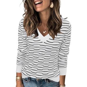 image:imageArachampCloz Womens Soft V Neck Long Sleeve Fall Casual Regular Fit Sweater TopsStriped White Black