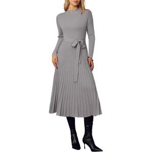 image:imageArachampCloz Womens Wool Blend Mock Neck Tie Waist Fall Winter Pleated Sweater Dress 2026Taupe