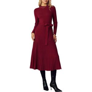 image:imageArachampCloz Womens Wool Blend Mock Neck Tie Waist Fall Winter Pleated Sweater Dress 2026Wine Red