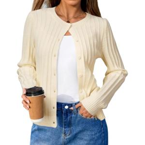 image:imageArachampCloz Womens Wool Blend Puff Sleeve Fall Cable Knit Cardigan Sweaters 2025Beige