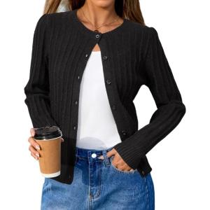 image:imageArachampCloz Womens Wool Blend Puff Sleeve Fall Cable Knit Cardigan Sweaters 2025Black