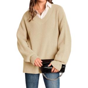 image:imageArachampCloz Womens Wool Blend Oversized V Neck Casual Sweaters 2025Apricot