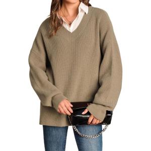 image:imageArachampCloz Womens Wool Blend Oversized V Neck Casual Sweaters 2025Camel