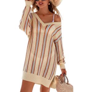 image:imageArachampCloz Womens Linen Blend Summer Swim Suit Cover Up V Neck Crochet Dress Striped Beach Vacation Outfits 2026Apricot Stripe