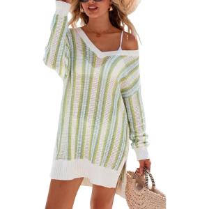 image:imageArachampCloz Womens Linen Blend Summer Swim Suit Cover Up V Neck Crochet Dress Striped Beach Vacation Outfits 2026Green Stripe